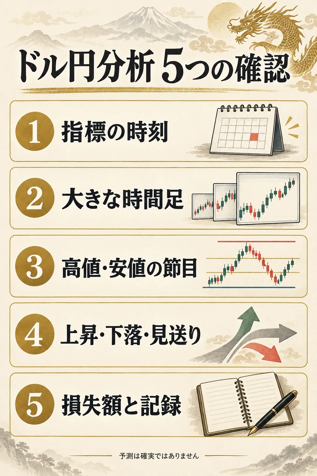ドル円分析の5つの確認。指標の時刻、大きな時間足、高値と安値の節目、上昇・下落・見送り、損失額と記録の順番