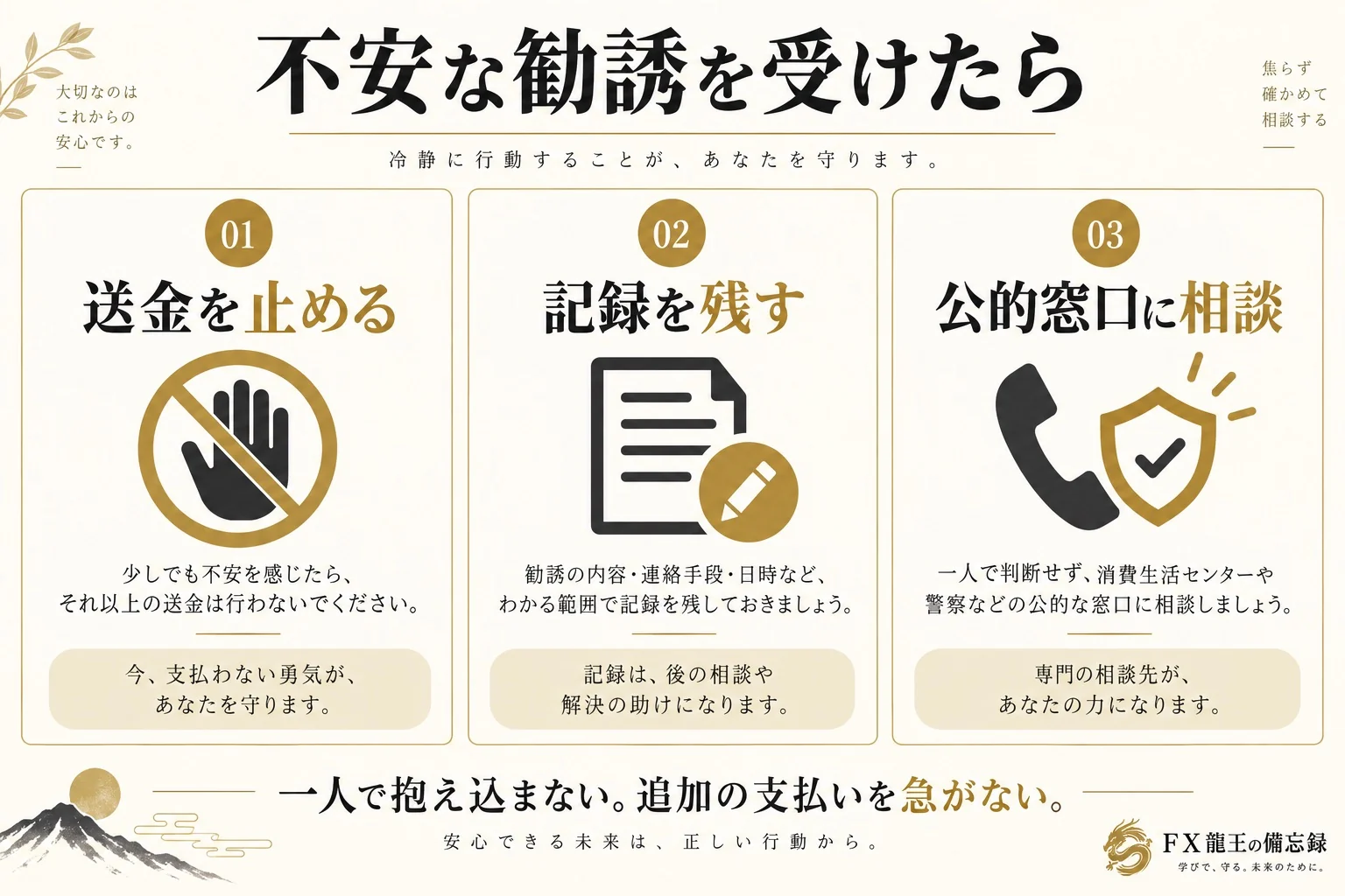 不安な勧誘を受けたら送金を止め、記録を残し、公的窓口に相談する