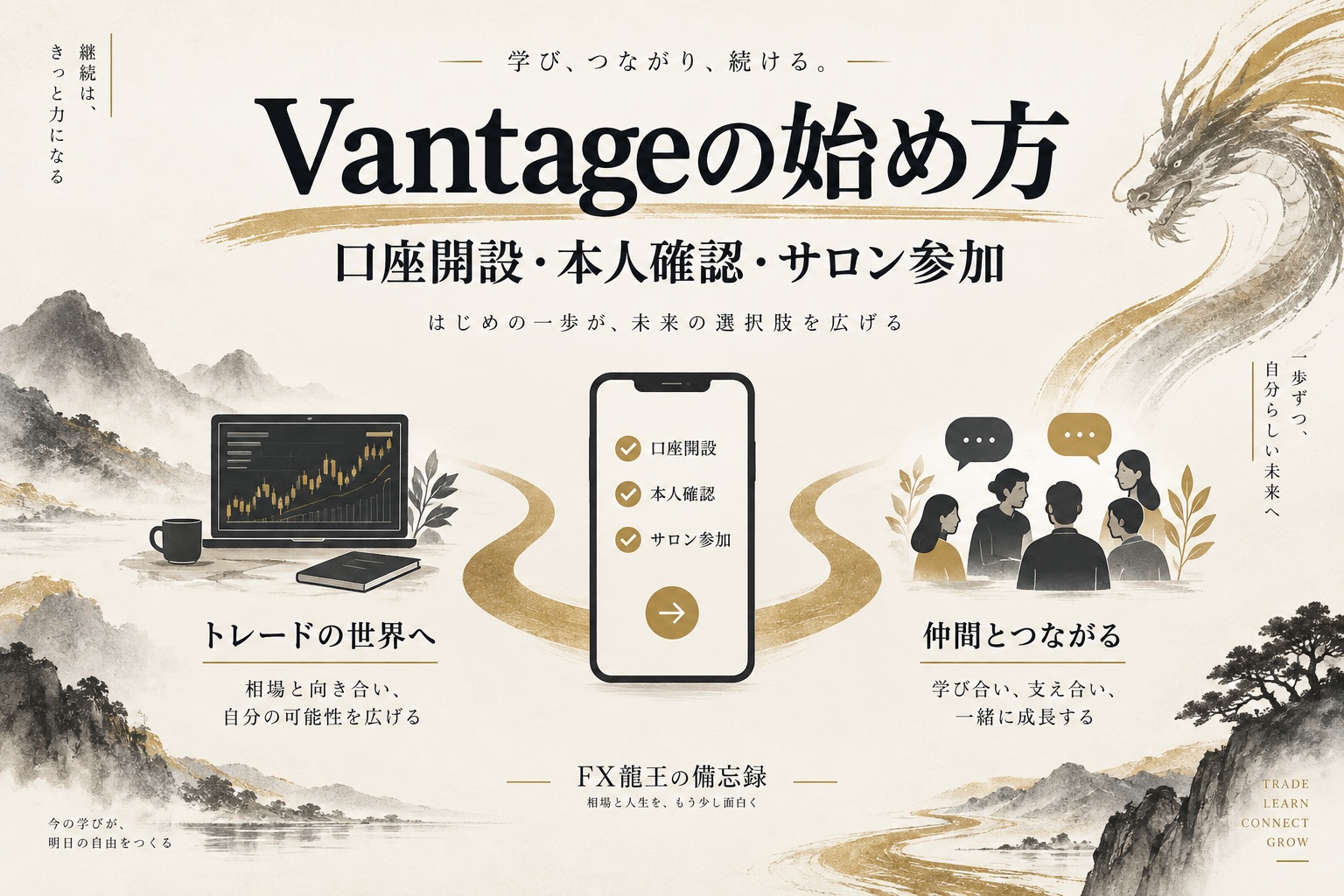 Vantageの始め方。口座開設・本人確認と、希望者向けのサロン参加を案内する表紙